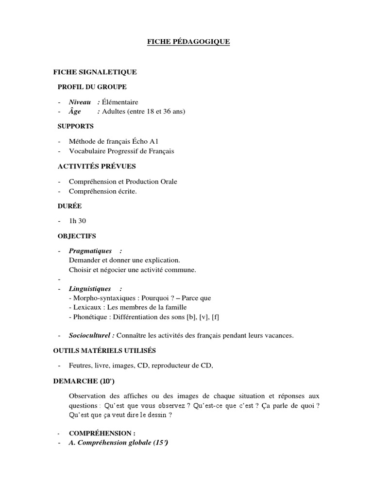 Fiche Pédagogique : Activités Français A1 | PDF | Pédagogie | Psychologie