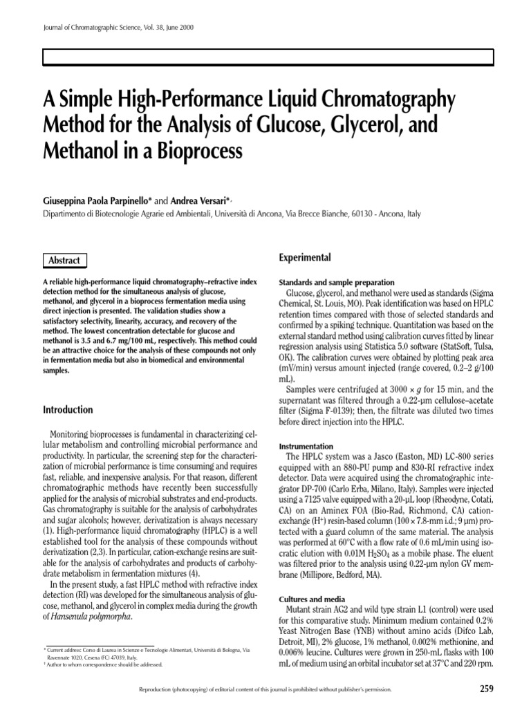 HPLC Method for Analyzing Glucose, Glycerol, Methanol | PDF | High ...