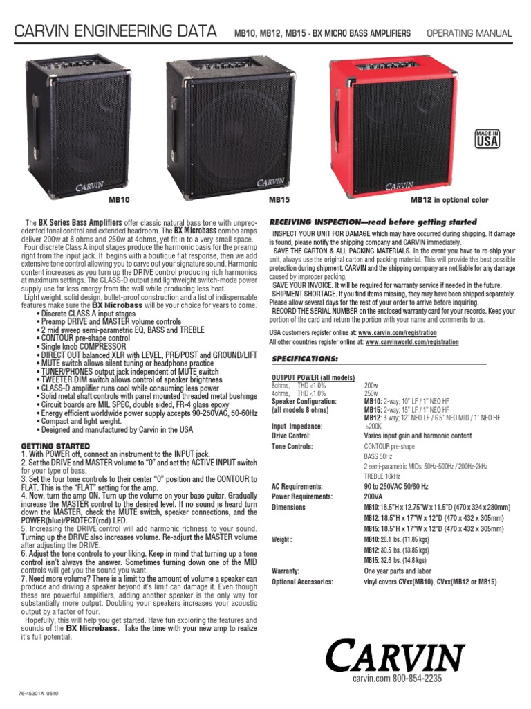 Carvin BX Microbass Amplifier Manual | PDF | Amplifier | Loudspeaker