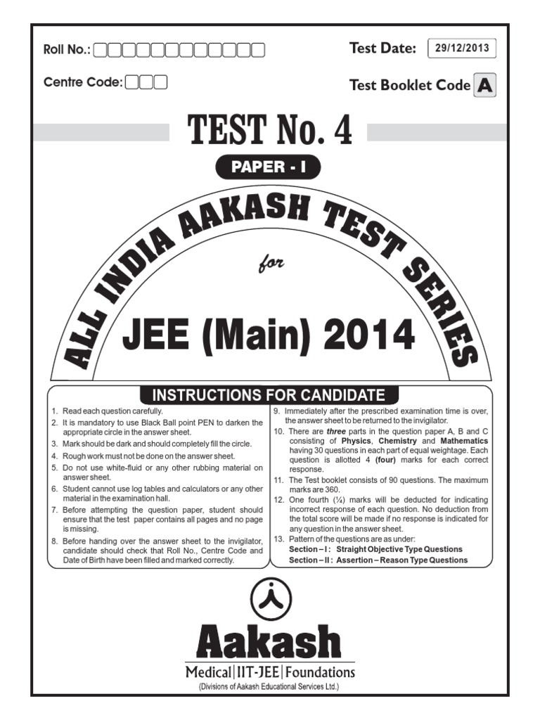 JEE Main 2014 Test Paper 4 Instructions | PDF | Perpendicular | Waves