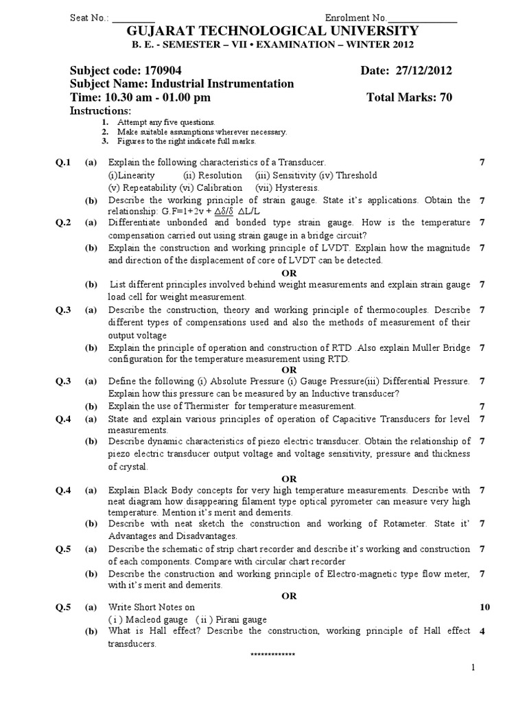 Gujarat Technological University: Instructions | PDF | Pressure ...