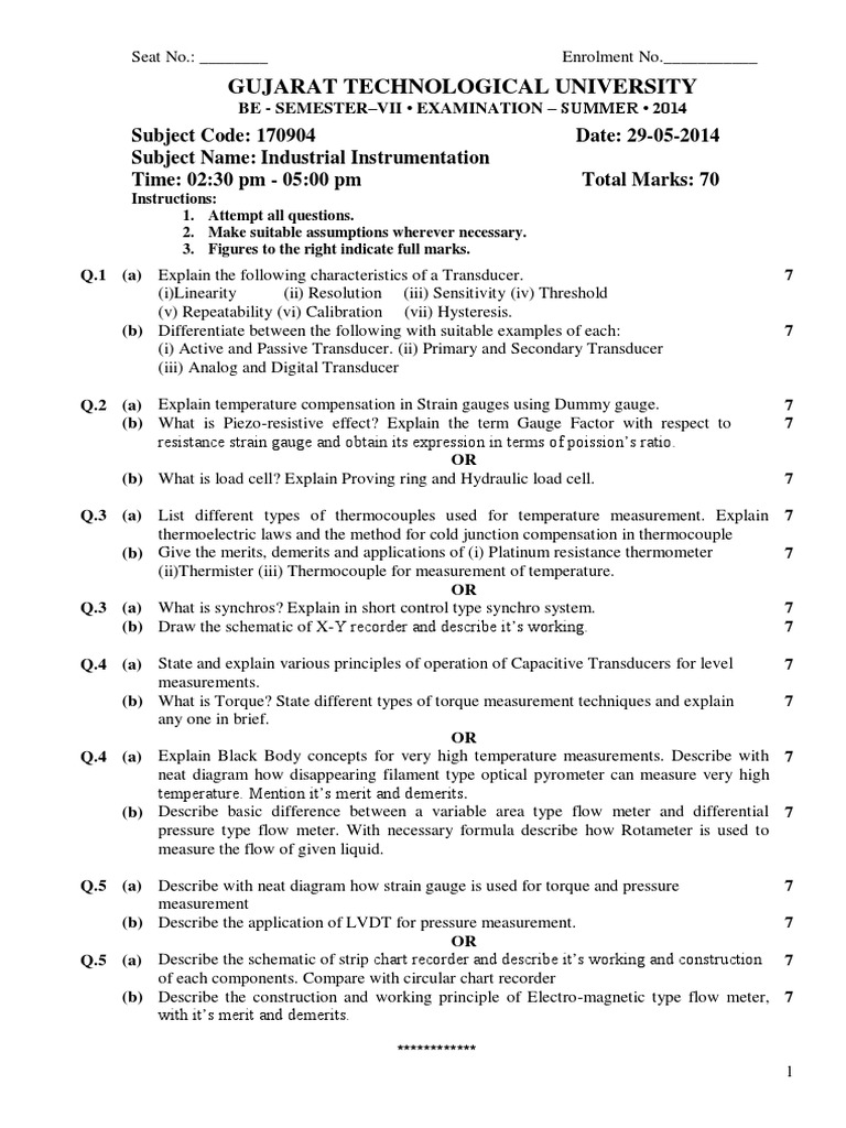 Industrial Instrumentation Exam Paper 2014 | PDF | Teaching Methods ...