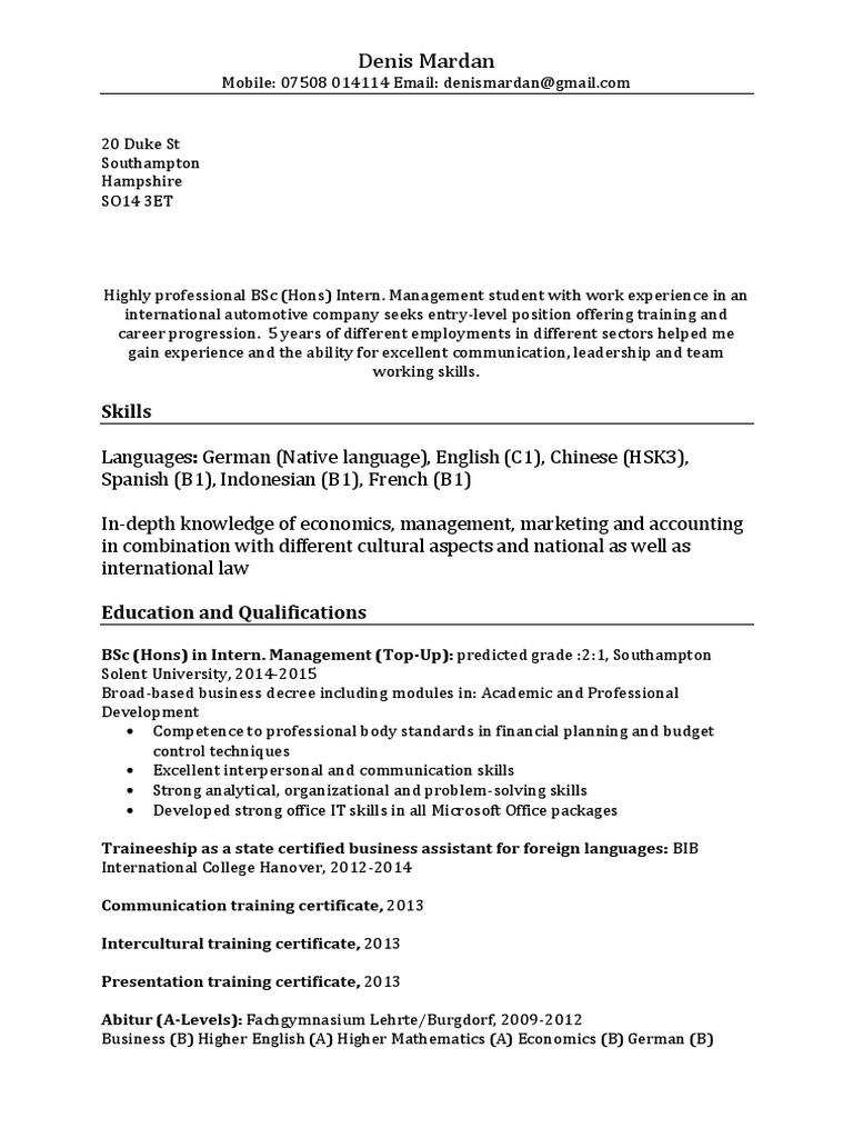 BSc Intern. Management Student CV | PDF | Career & Growth | Finance ...