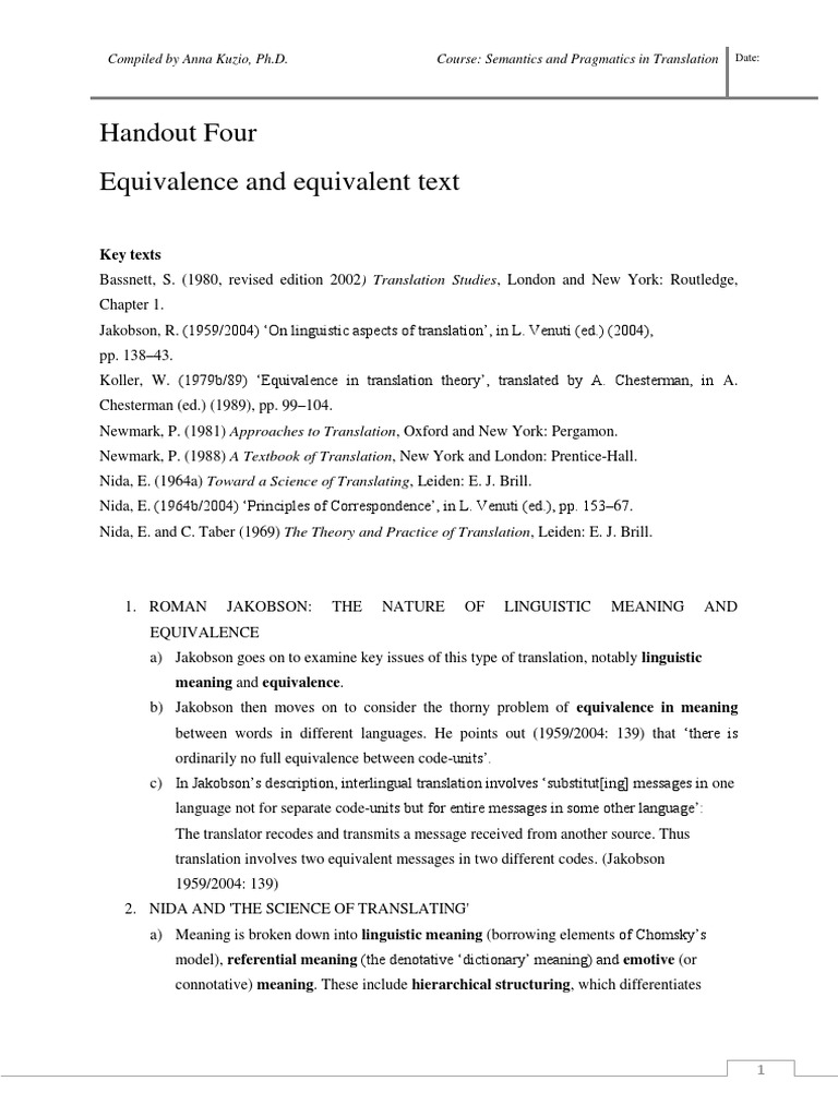 Handout Four Equivalence and Equivalent Text: Key Texts | PDF ...