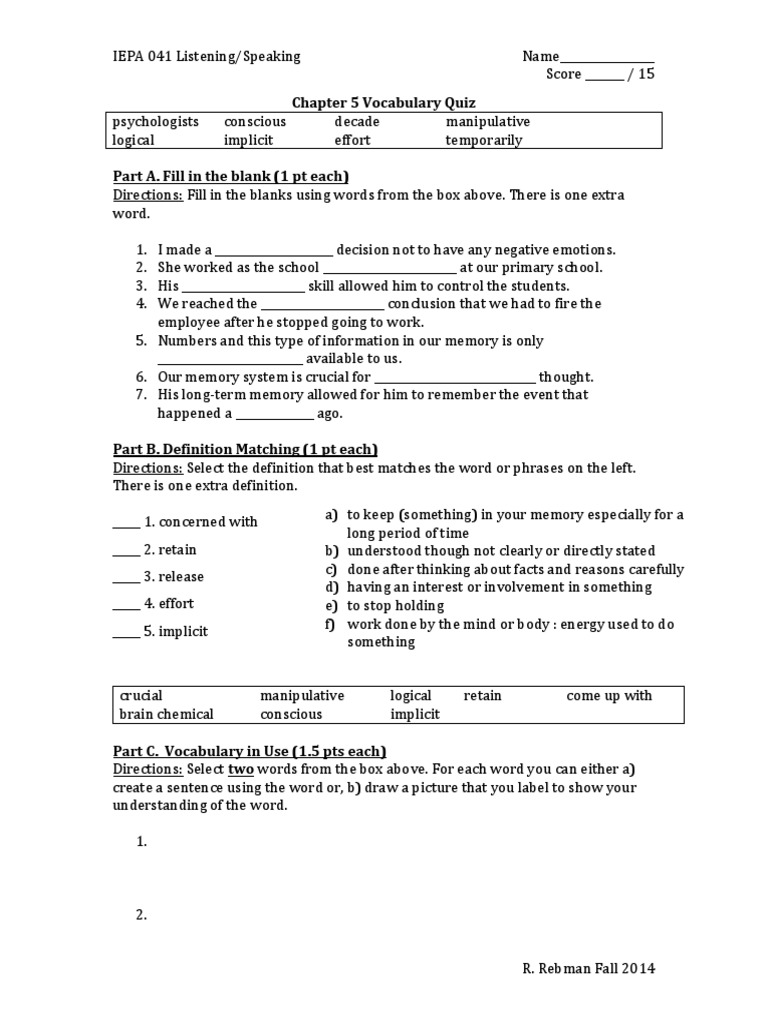 Chapter 5 Vocabulary Quiz | PDF | Language Arts & Discipline | Self ...