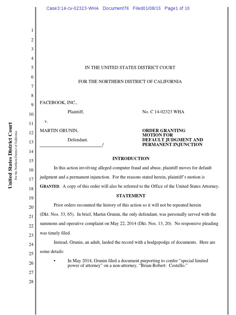 Order Granting Motion For Default Judgment and Permanent Injunction
