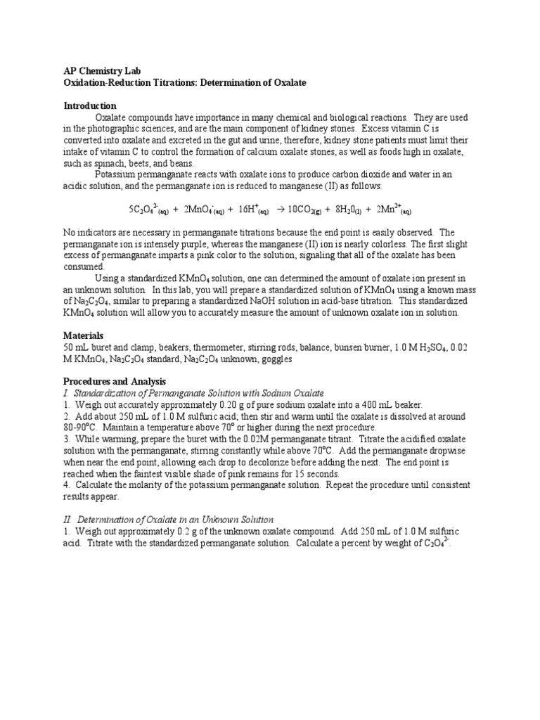Determination of the percentage of oxalate in ironii oxalate by redox titration essay 08 picture
