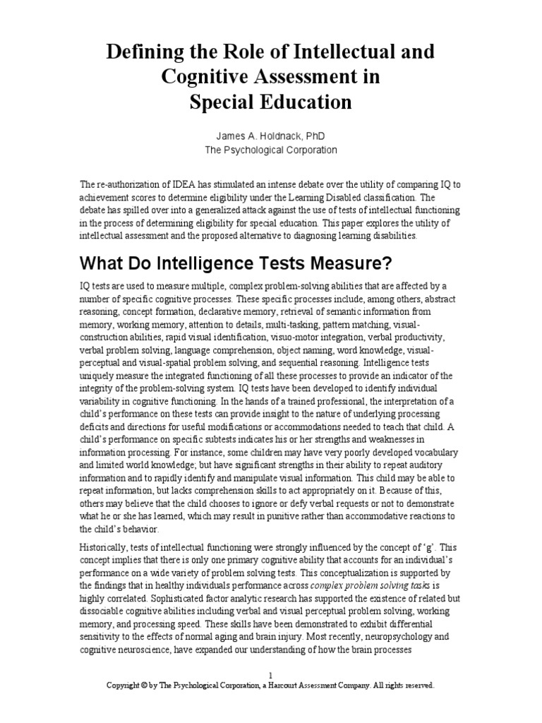 Defining The Role of Intellectual and Cognitive Assessment in Special ...