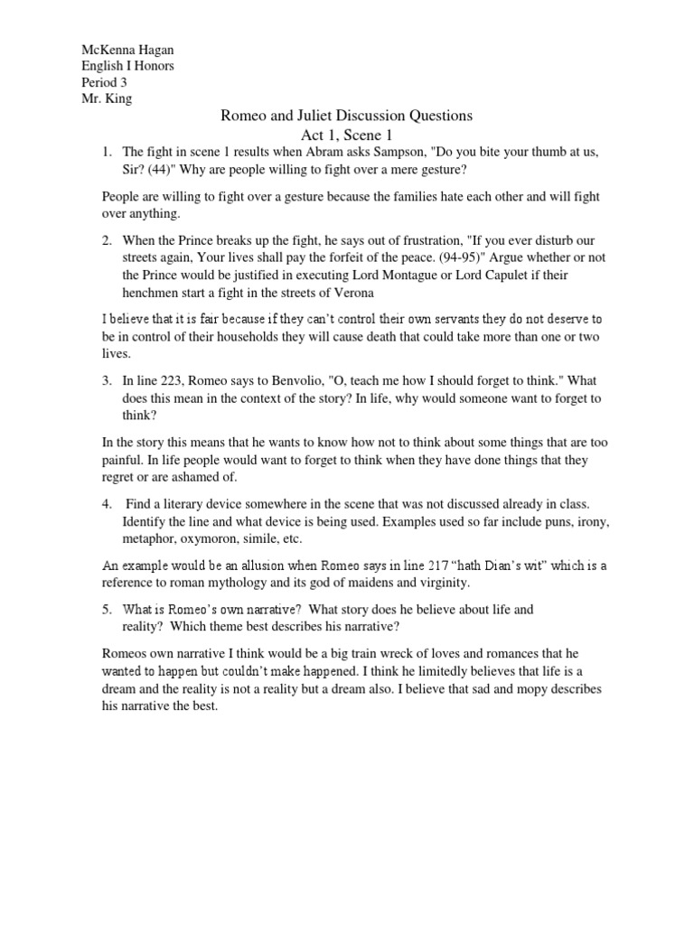 Romeo and Juliet Act 1 Scene 1 Analysis | PDF | Characters In Romeo And ...