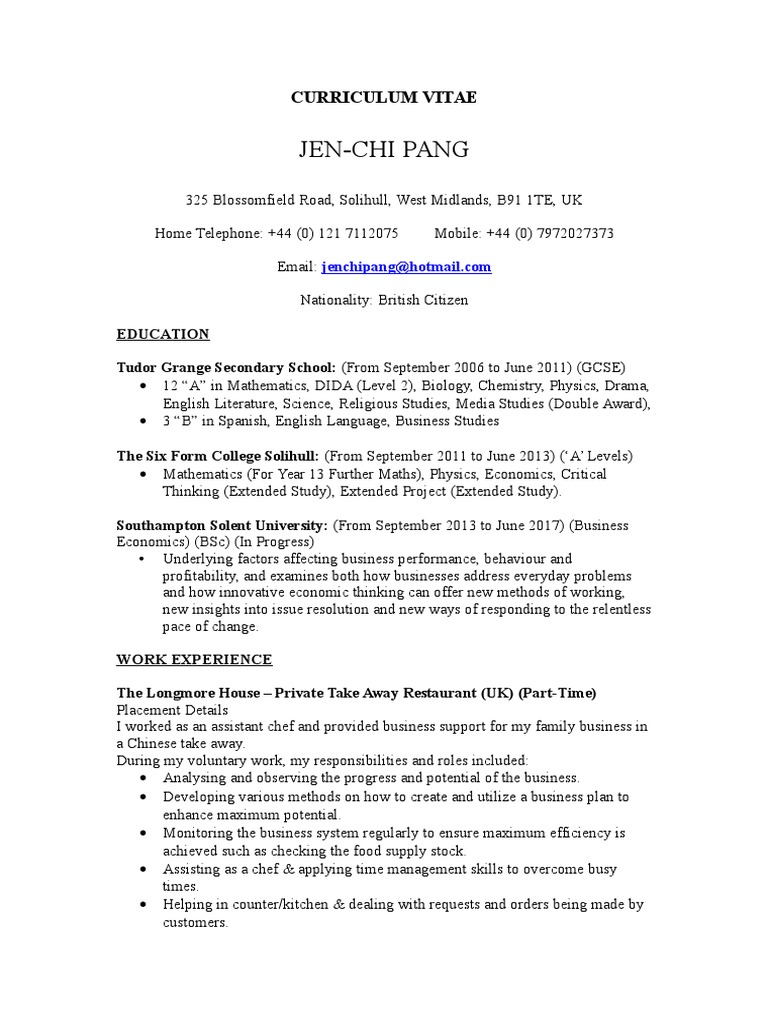 Jen-Chi Pang's CV and Experience Summary | PDF | Time Management ...