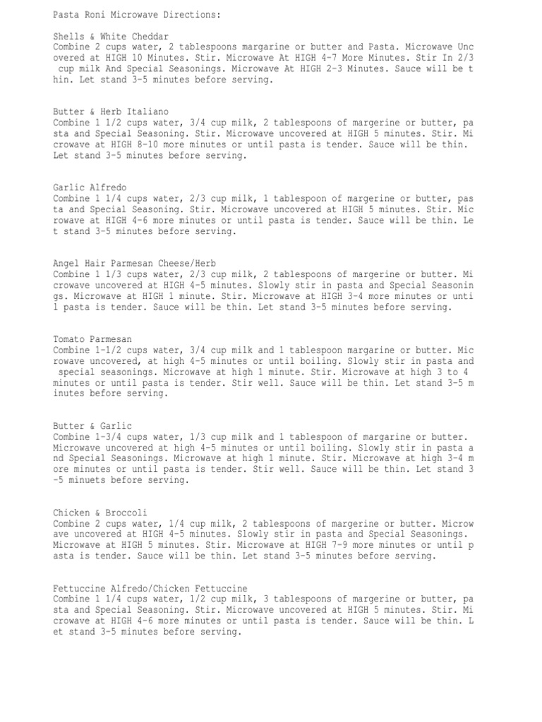 Pasta Roni Microwave Directions PDF Pasta Butter
