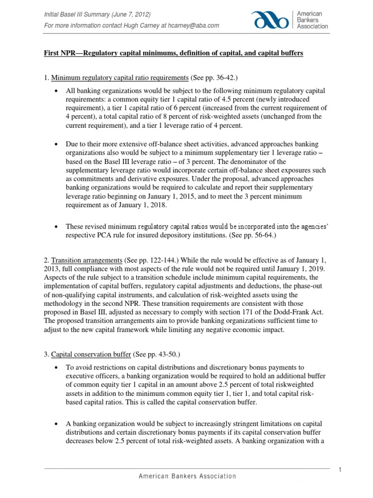 Initial Basel Summary Capital Requirement Basel Iii