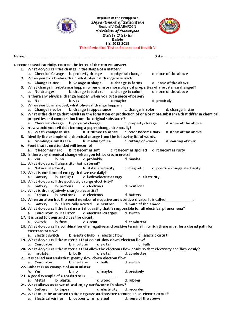 Second Periodical Test Grade 6 Mapeh