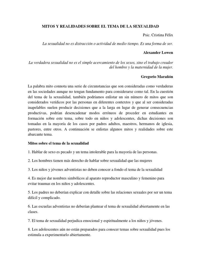 Mitos y realidades de la sexualidad adolescente | PDF | La sexualidad ...