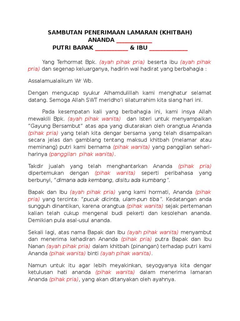 Sambutan Penerimaan Lamaran Wanita