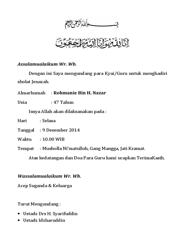 Contoh Surat Pengurusan Jenazah