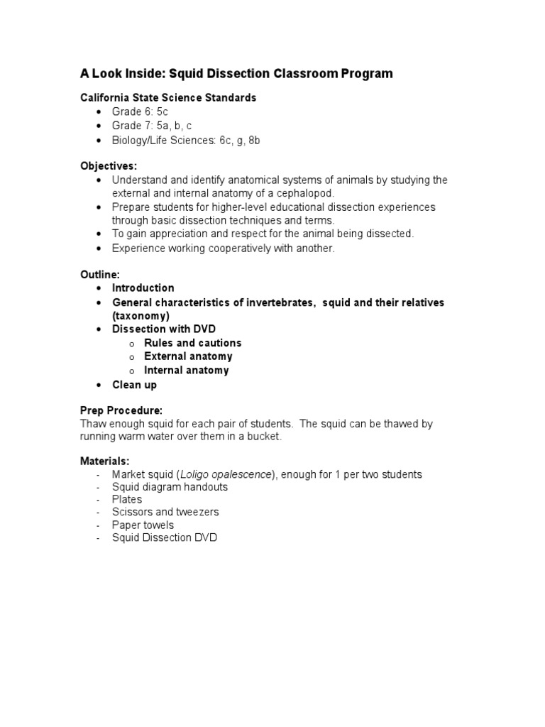 Squid Dissection PDF Zoology Nature