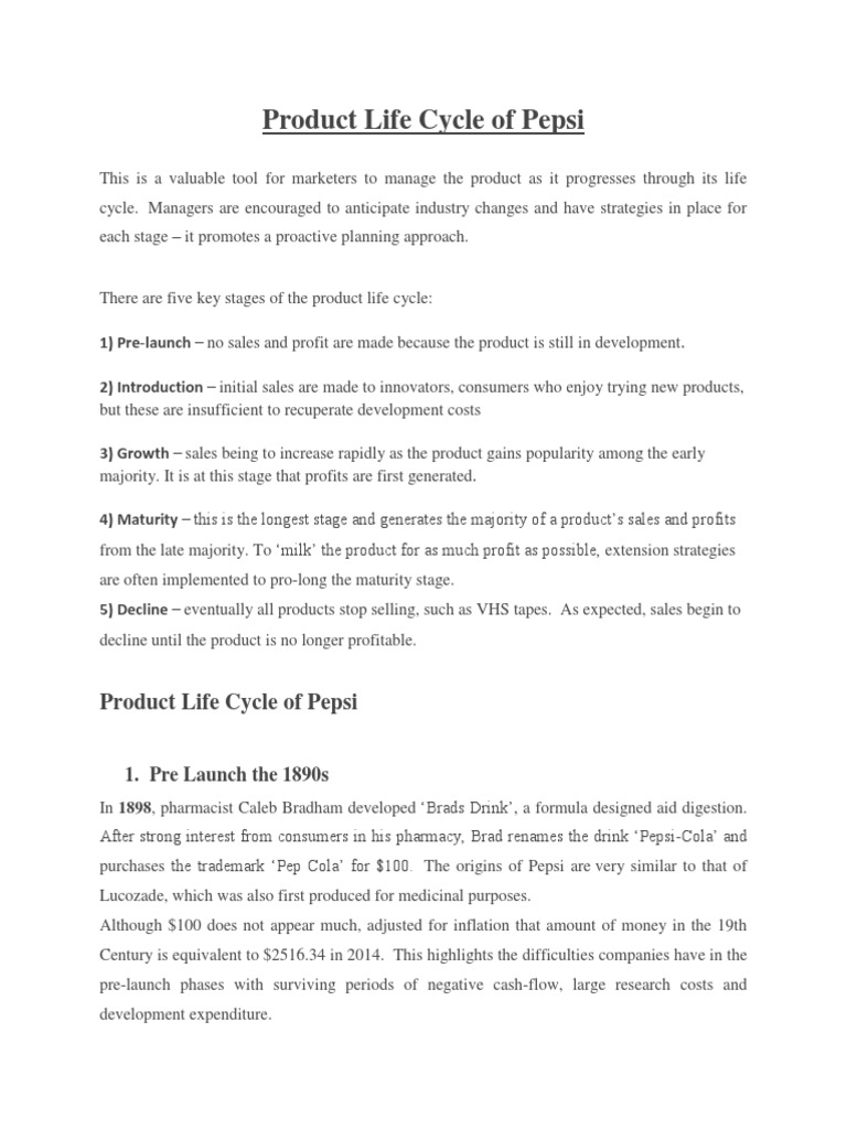 Product Life Cycle of Pepsi PDF Pepsi Advertising