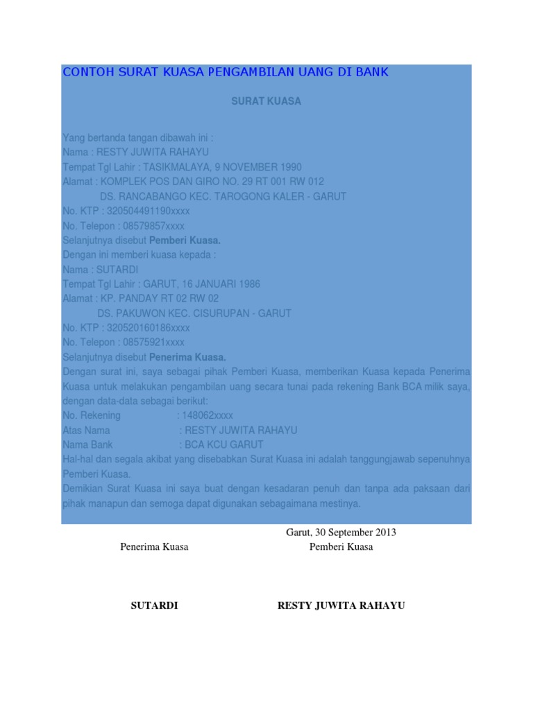 Contoh Surat Kuasa Pengambilan Uang Di Bank Docx