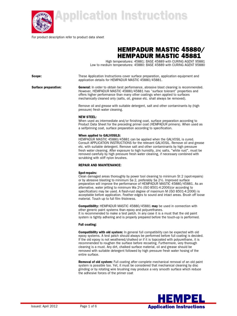 Application Instructions for HEMPADUR MASTIC 45880/45881 PDF Paint Celsius