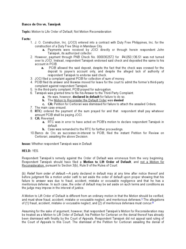 Motion to Lift Order of Default Respondent's Remedy was Erroneous from