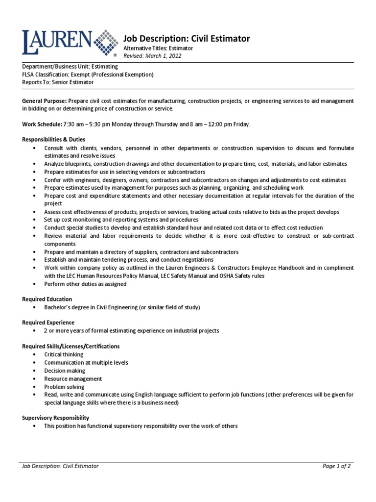 Civil Estimator Job Desk PDF General Contractor Employment