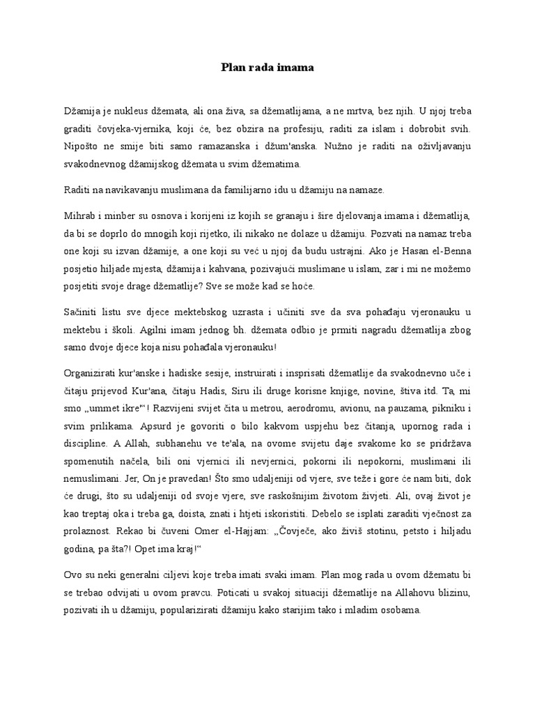 Plan Rada Imama | PDF