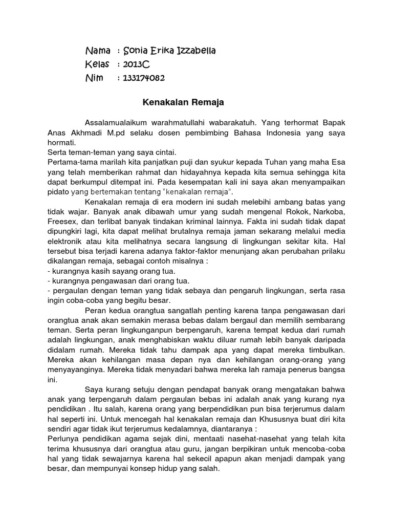 Pidato Kenakalan Remaja