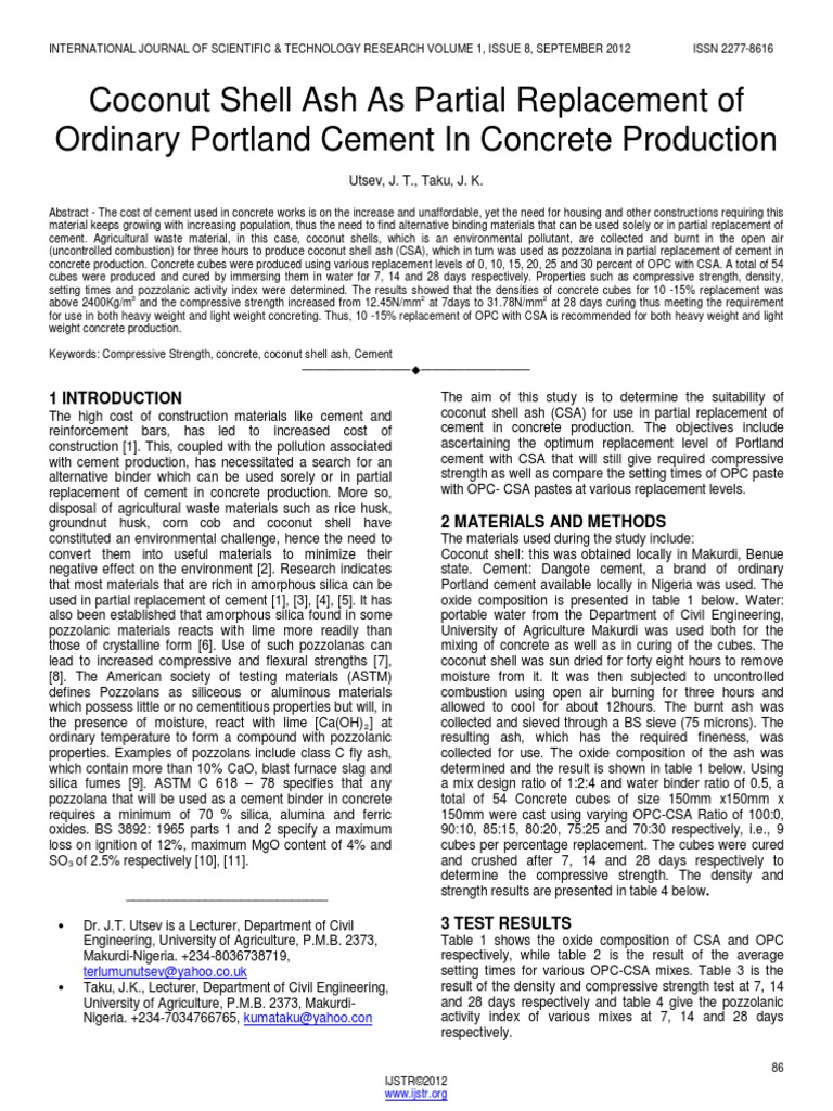 Coconut Shell Ash As Partial Replacement of Ordinary Portland Cement in ...