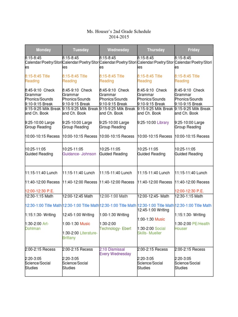 Ms. Houser's 2nd Grade Schedule 2014-2015 | PDF