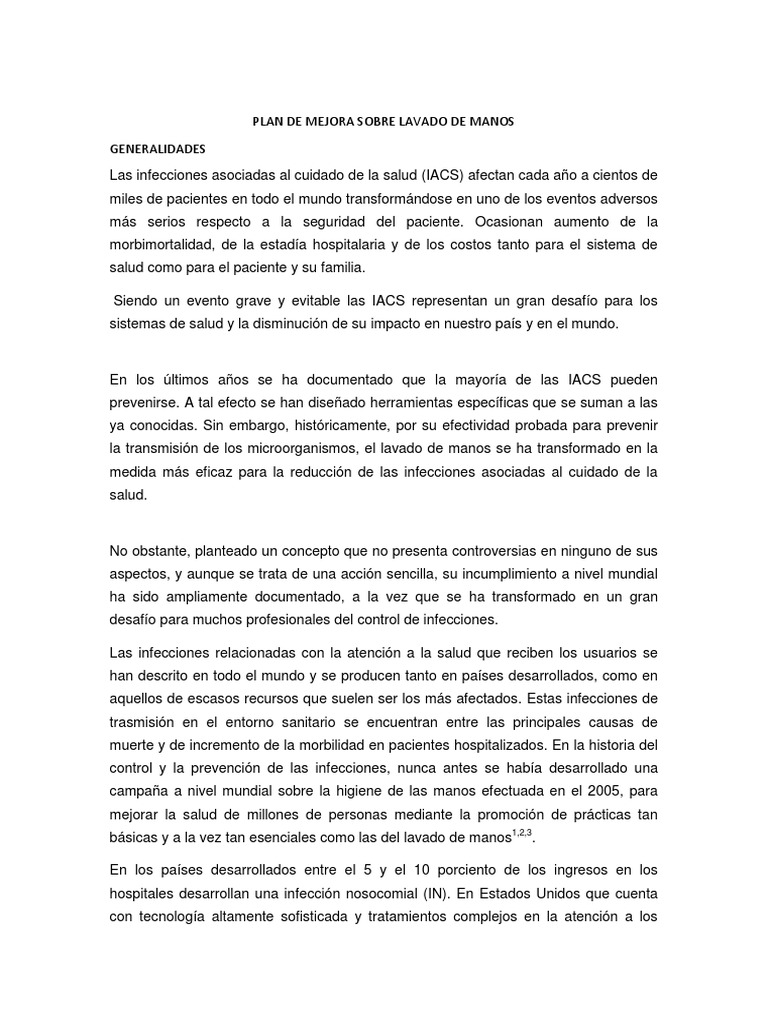 Plan de Mejora Sobre Lavado de Manos | PDF | Lavado de manos ...
