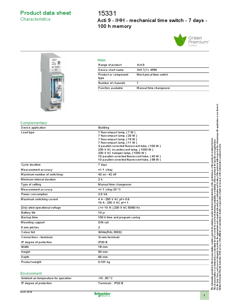 Product Data Sheet: Acti 9 - IHH - Mechanical Time Switch - 7 Days ...