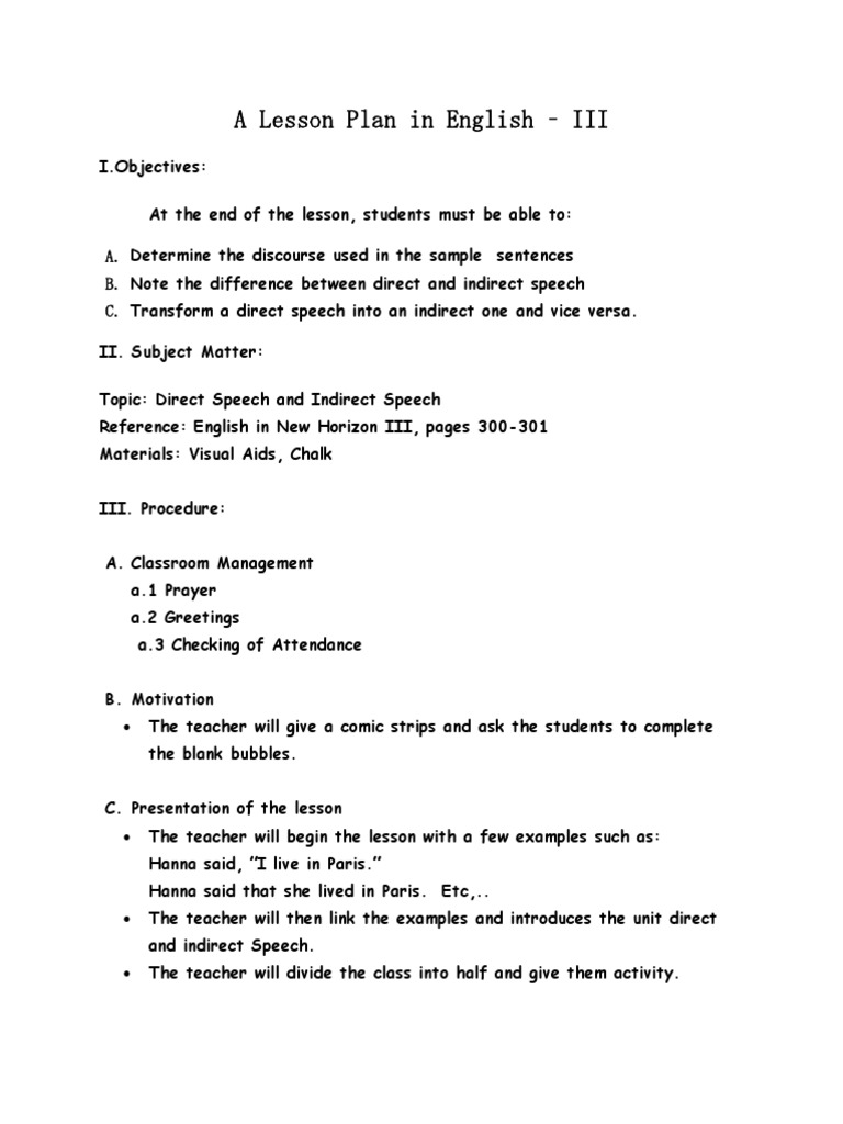 A Lesson Plan In Reported Speech Lesson Plan Communication