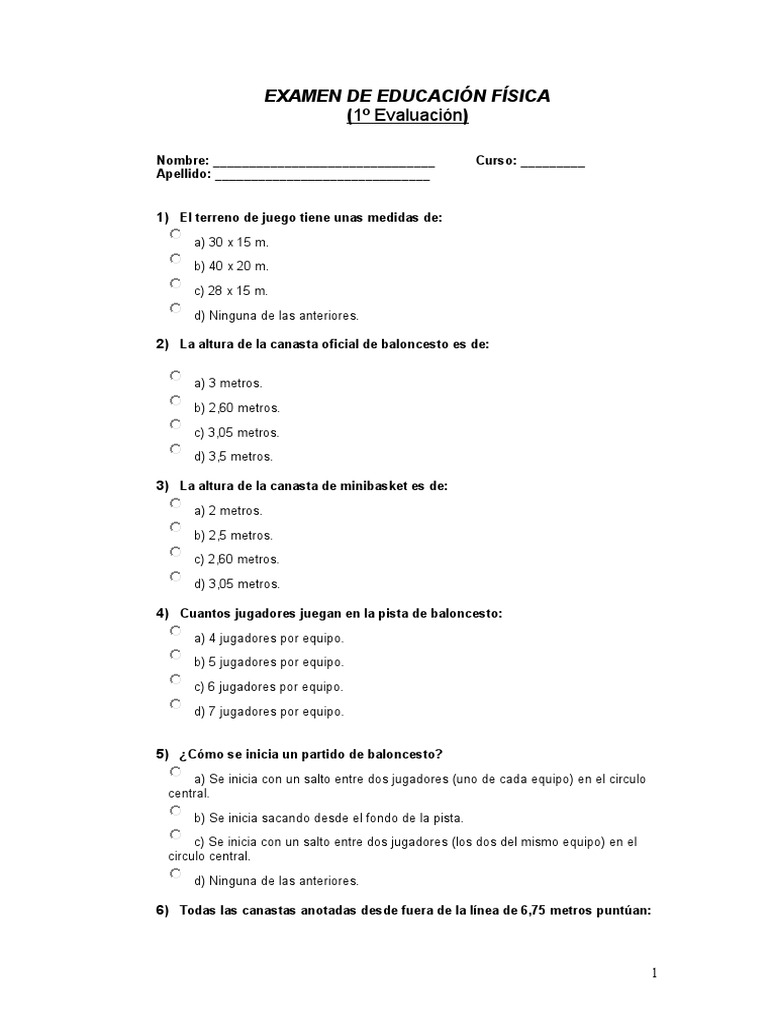 Examen de Educación Física Baloncesto 2 Eso | PDF | Posiciones de baloncesto  | Equipos