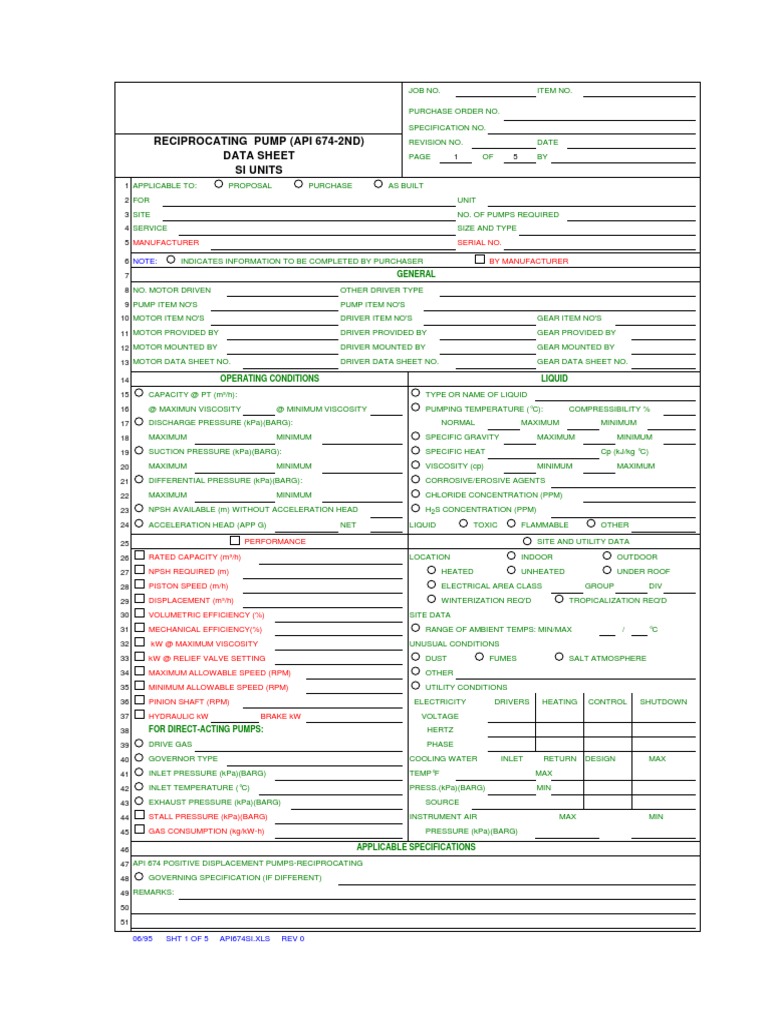 API 674 Pump Data Sheet | PDF | Pump | Valve