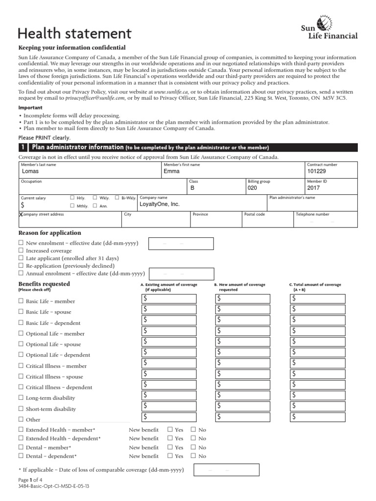 Sun Life Health Statement Form | PDF | Life Insurance | Cancer