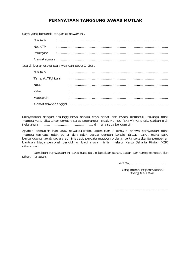 Surat Pernyataan Tanggung Jawab Mutlak Sptm Atas Kebenaran Sktm Dari Orang Tua Siswa
