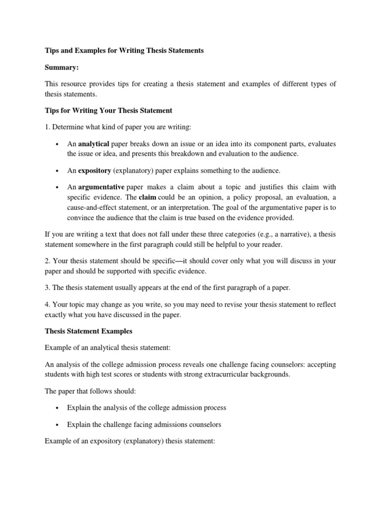 Thesis Statement Writing Tips & Examples | PDF
