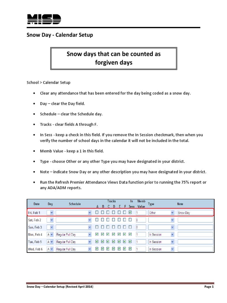 Snow Day Calendar Setup | PDF