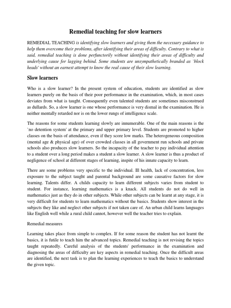 Remedial Teaching For Slow Learners PDF Learning Disability Learning