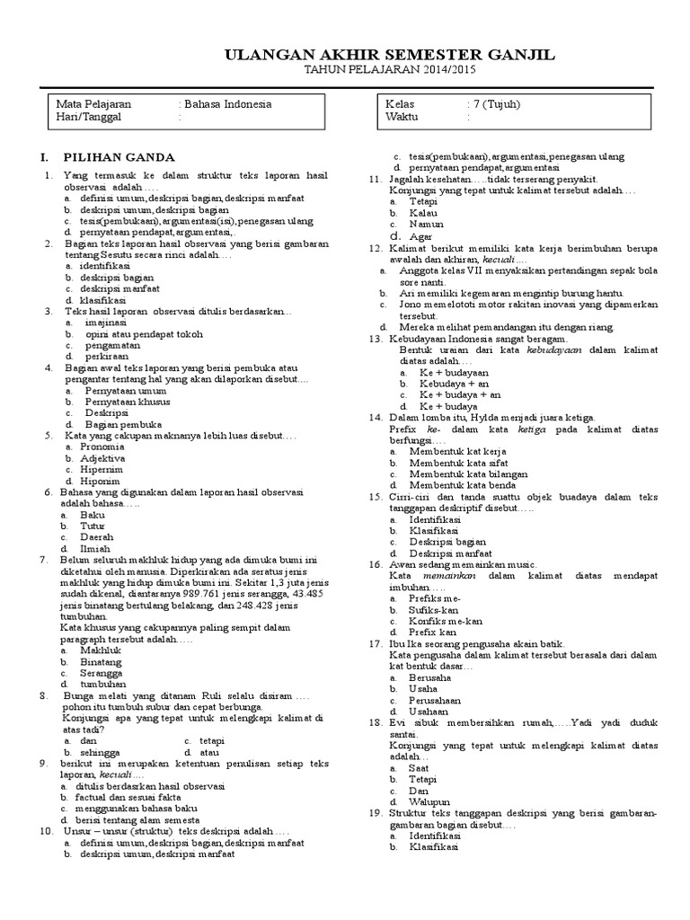 Soal Tes Uraian Terstruktur Bahasa Inggris K13 Kelas 7