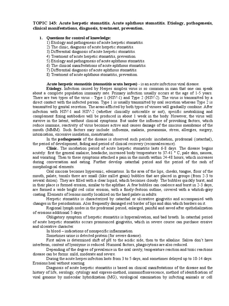Herpetic and Aphthous Stomatitis Overview | PDF | Infection | Clinical ...