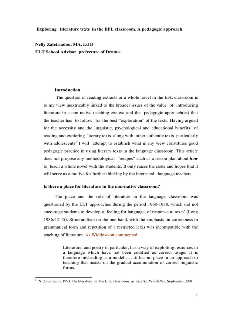 Exploring Literature in EFL Classrooms | PDF | English As A Second Or ...