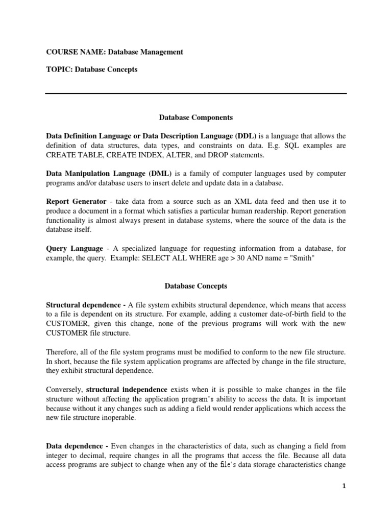 Database Components and Database Concepts, Data Independence ...