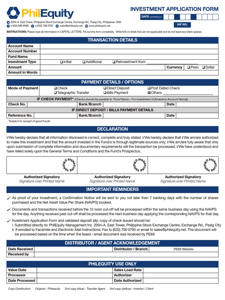 Investment Form for PhilEquity Clients | PDF | Cheque | Investing