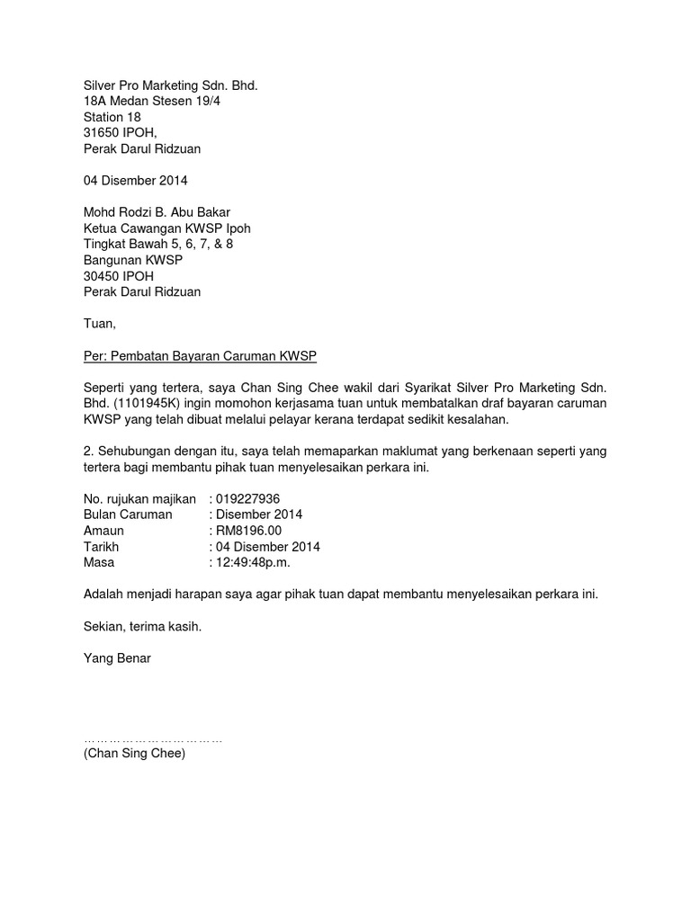 Surat Pembatalan Caruman Kwsp Pdf