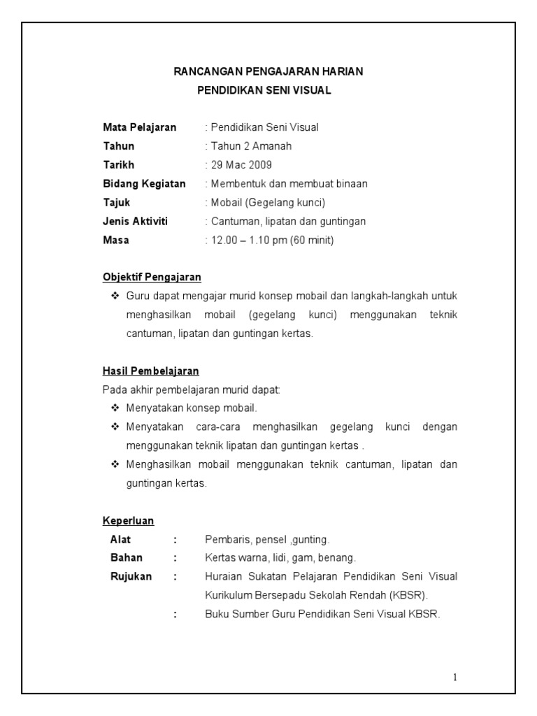 Rancangan Pengajaran Harian Pendidikan Seni Visual Mata Pdf