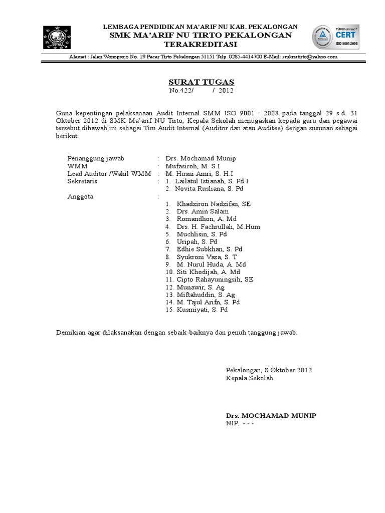 Contoh Surat Audit Internal