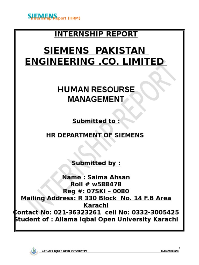 MBA Internship Report On HR Functions | Siemens | Human Resource Management