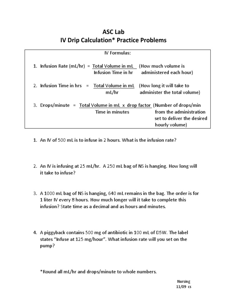 iv drip calculation practice problems Intravenous Therapy Drugs